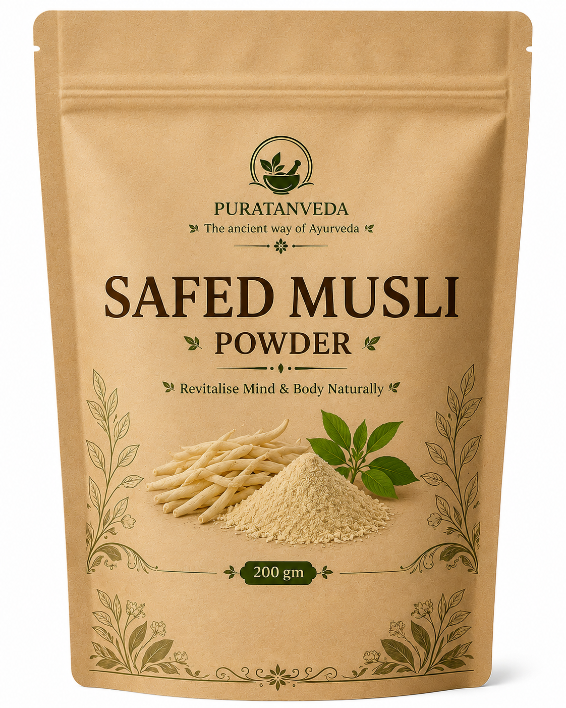 Puratnveda Safed Musli Powder | Premium Natural Safed Musli Root Powder | 100% Pure Ayurvedic Herbal Powder | Finely Ground | Hygienically Packed